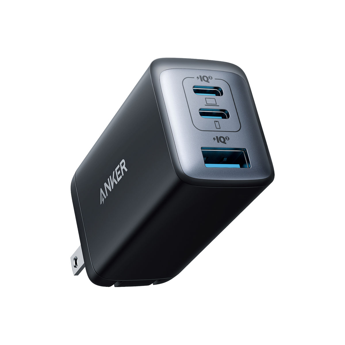 Black Anker 735 Nano II charger with two USB-C ports, one USB-A port and foldable plug