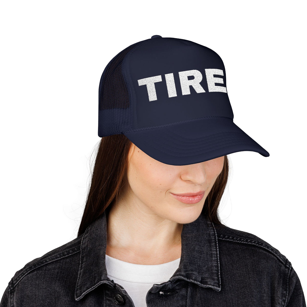 Tired Embroidered Trucker Hat — dark-color product photo