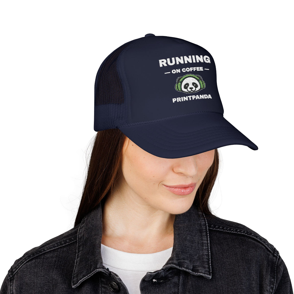 PRINTPANDA Running on Coffee Trucker Hat - One Size, Dark Colors, Embroidered