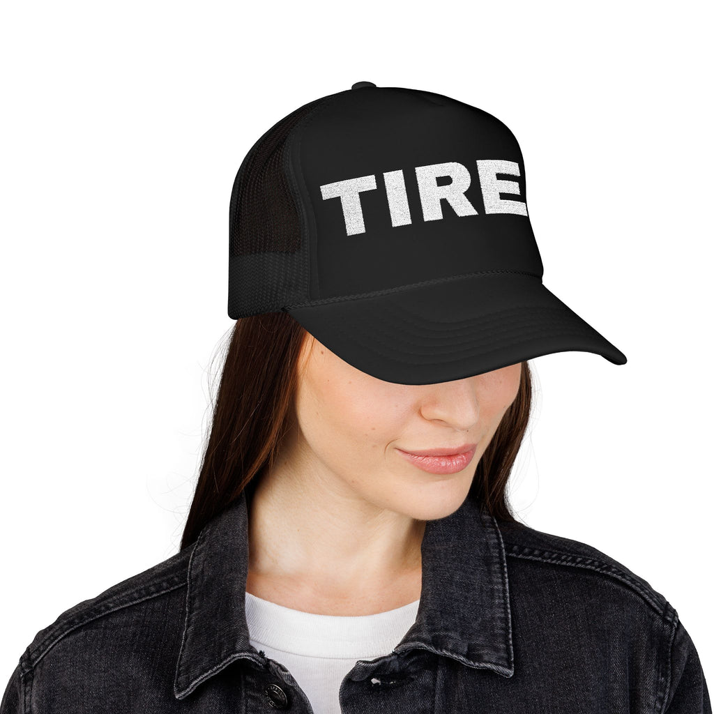 Tired Embroidered Trucker Hat — dark-color product photo