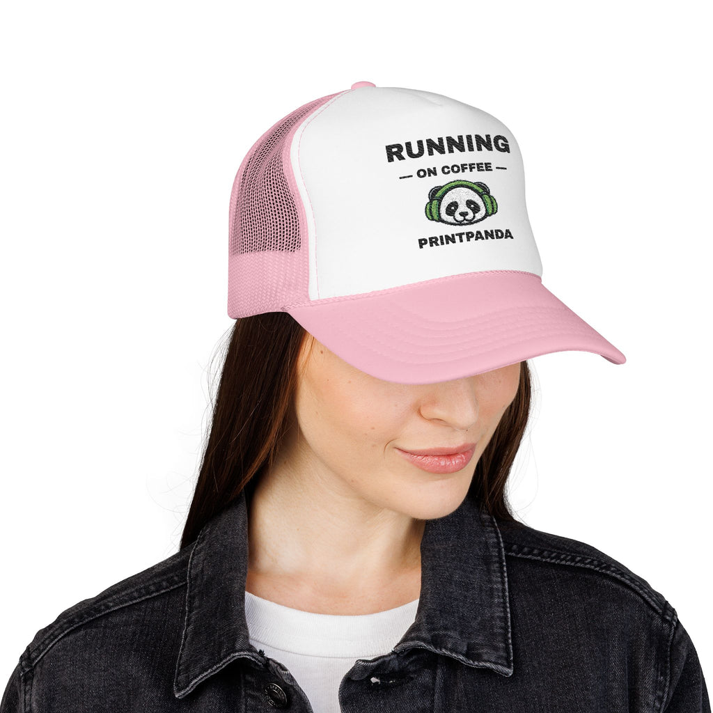 Running on Coffee Embroidered Trucker Hat – Light — product photo