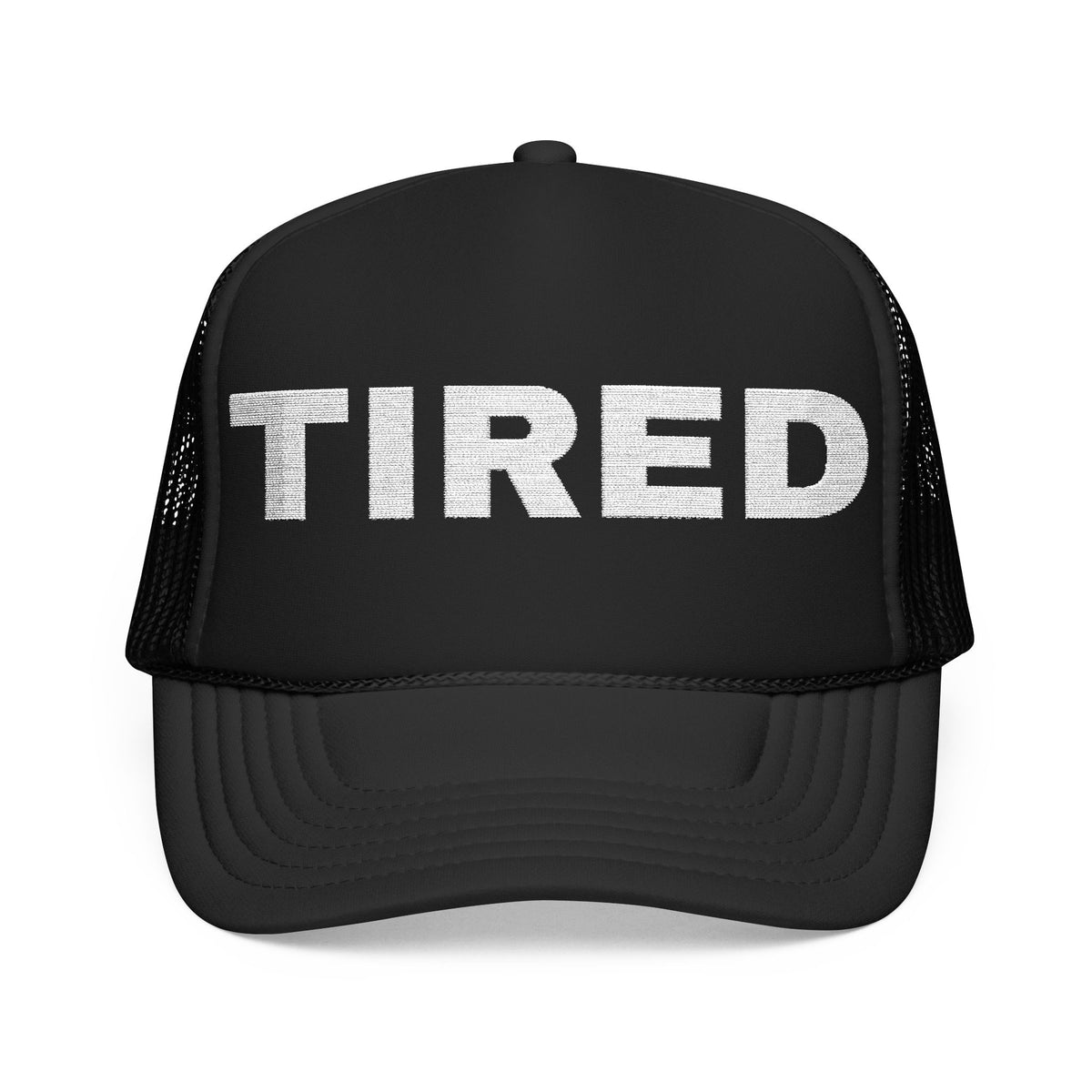 Tired Embroidered Trucker Hat — dark-color product photo