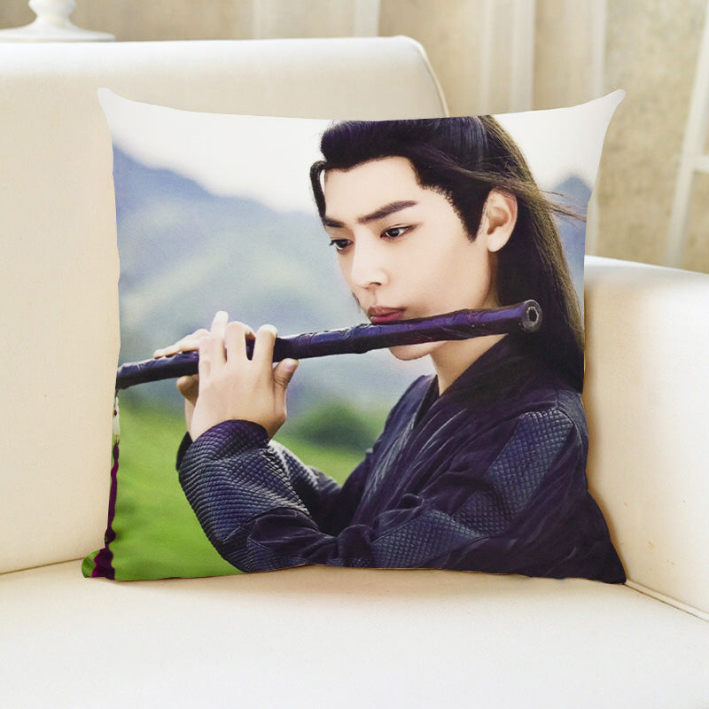 Sample portrait of a person playing a flute printed on a square pillow-cover mockup.