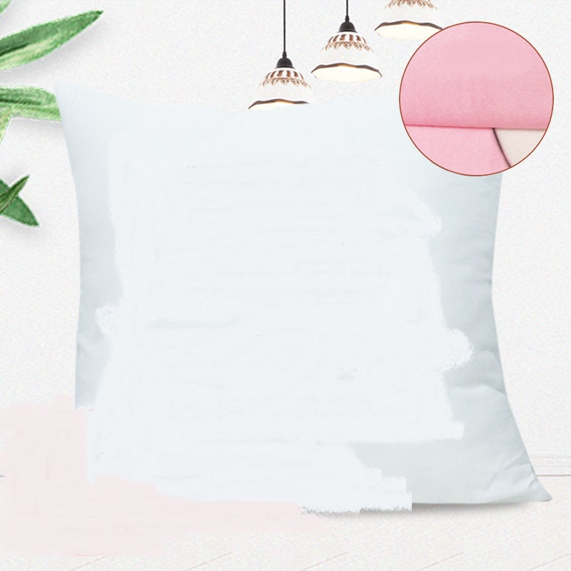 White square pillow-cover mockup with a pink fabric close-up inset.