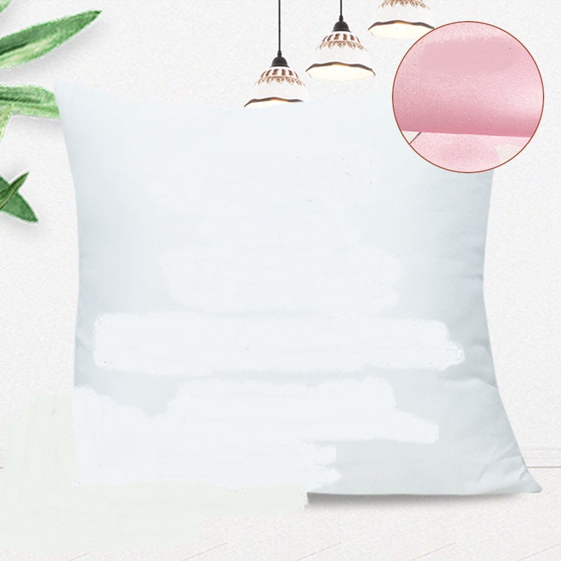 White square pillow-cover mockup with a pink fabric swatch inset.