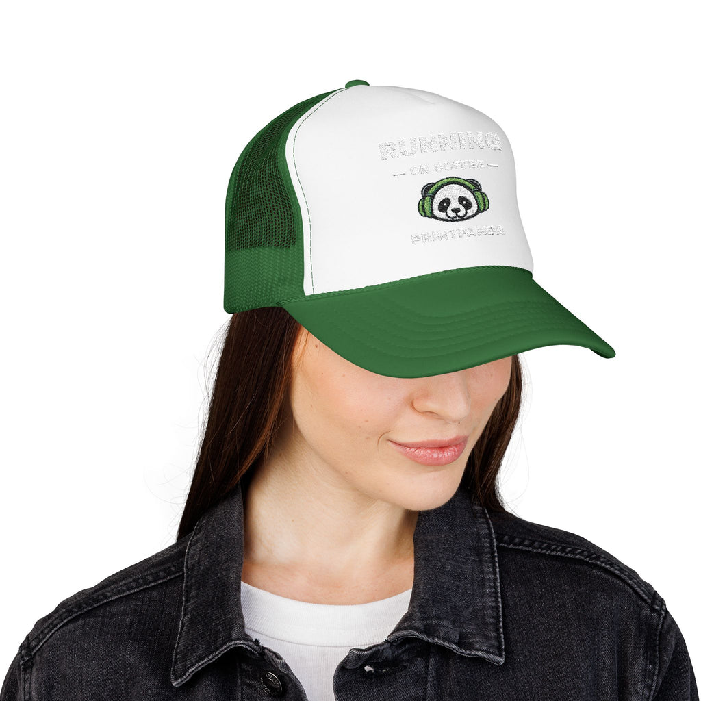 PRINTPANDA Running on Coffee Trucker Hat - One Size, Dark Colors, Embroidered