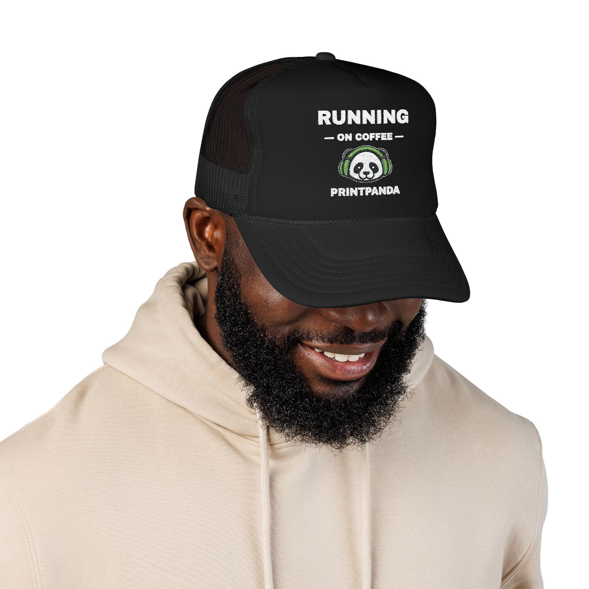 PRINTPANDA Running on Coffee Trucker Hat - One Size, Dark Colors, Embroidered