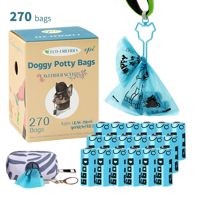 270-count blue dog waste bag set with 18 rolls, gray zip dispenser, wrist clip, and retail box