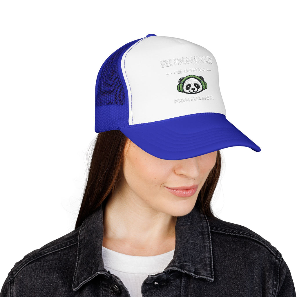 PRINTPANDA Running on Coffee Trucker Hat - One Size, Dark Colors, Embroidered