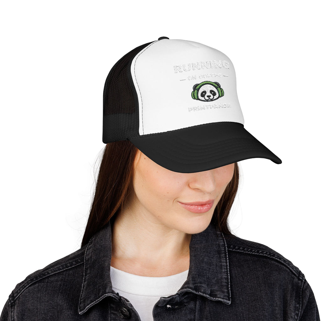 PRINTPANDA Running on Coffee Trucker Hat - One Size, Dark Colors, Embroidered