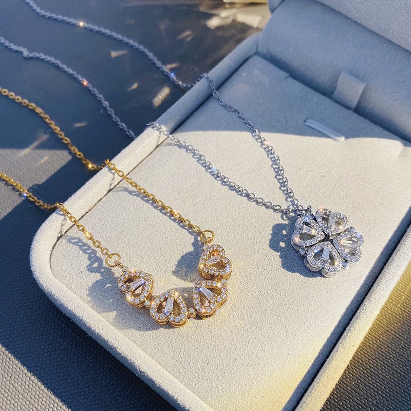 Retro Magnetic Folding Heart Four Leaf Clover Necklace
