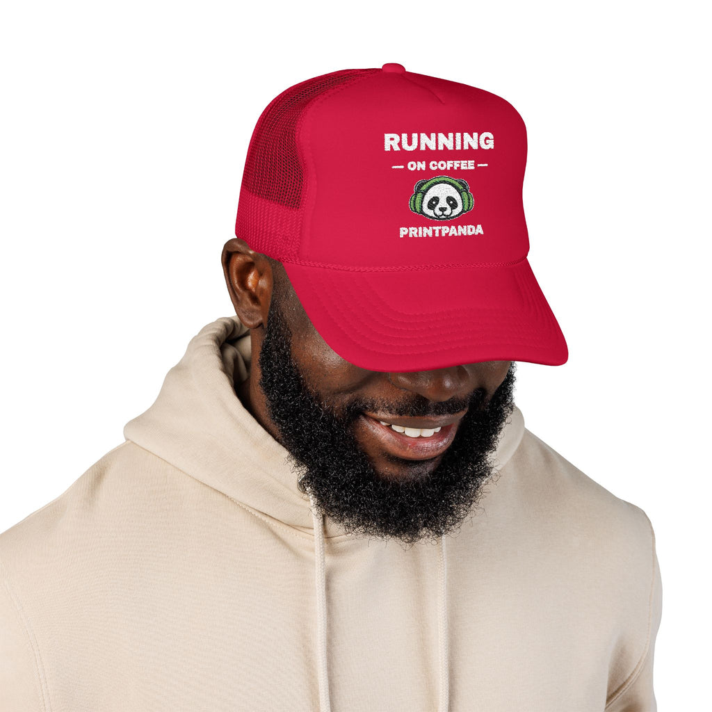 PRINTPANDA Running on Coffee Trucker Hat - One Size, Dark Colors, Embroidered