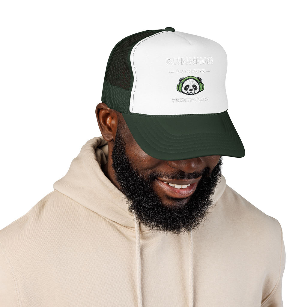 PRINTPANDA Running on Coffee Trucker Hat - One Size, Dark Colors, Embroidered