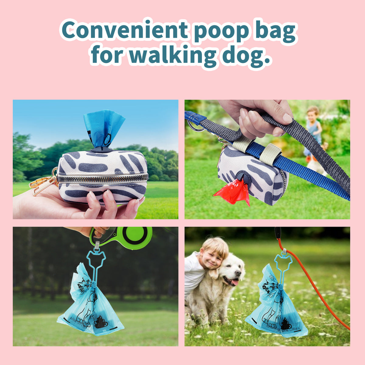 Dog-waste bag dispenser and wrist clip shown attached to leashes during outdoor dog walks