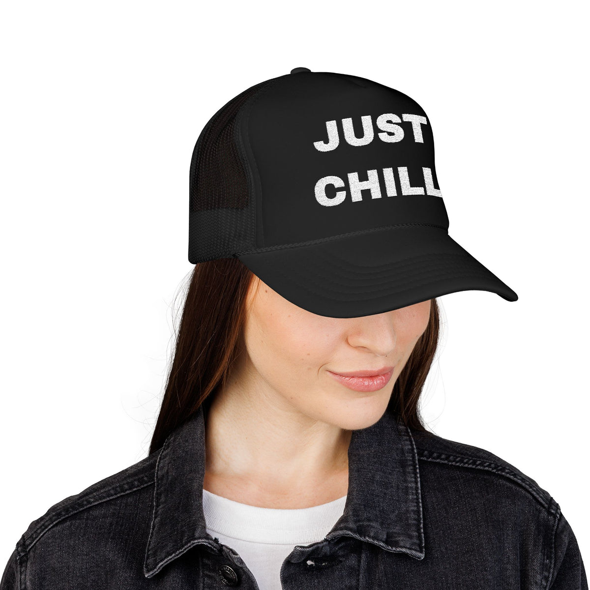 Just Chill Embroidered Trucker Hat – Dark — product photo