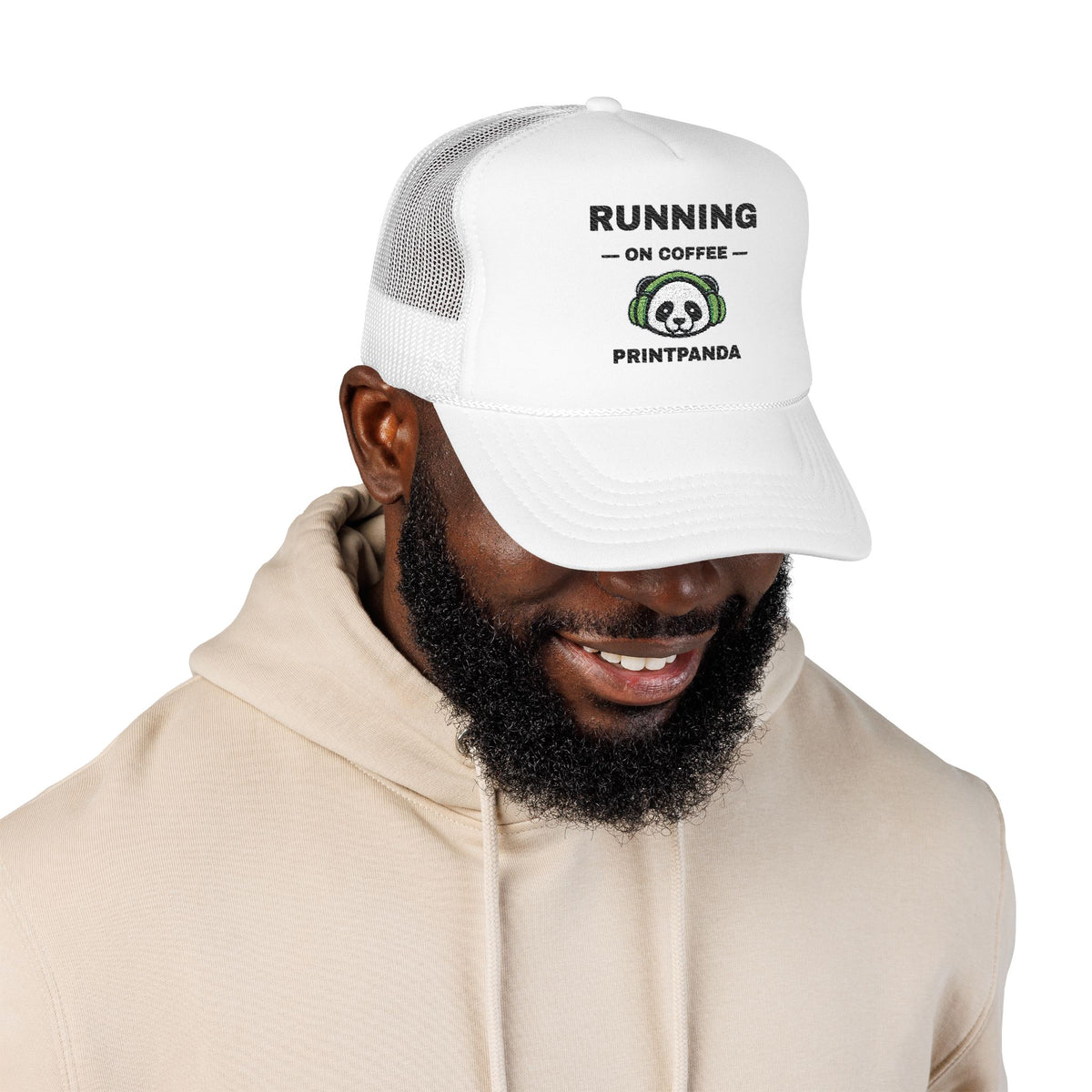 Running on Coffee Embroidered Trucker Hat – Light — product photo