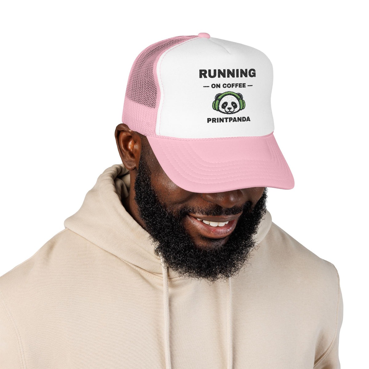 Running on Coffee Embroidered Trucker Hat – Light — product photo