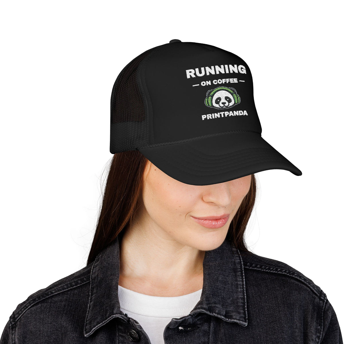 PRINTPANDA Running on Coffee Trucker Hat - One Size, Dark Colors, Embroidered