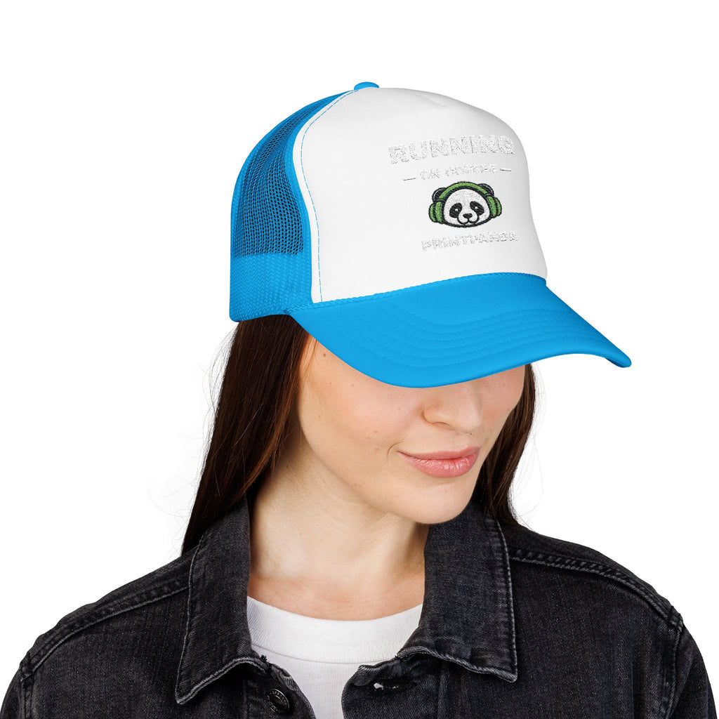 PRINTPANDA Running on Coffee Trucker Hat - One Size, Dark Colors, Embroidered