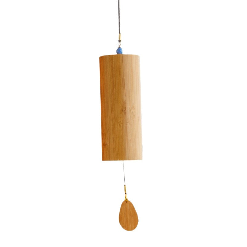 Bamboo wind chime with a teardrop-shaped hanging piece on a white background.