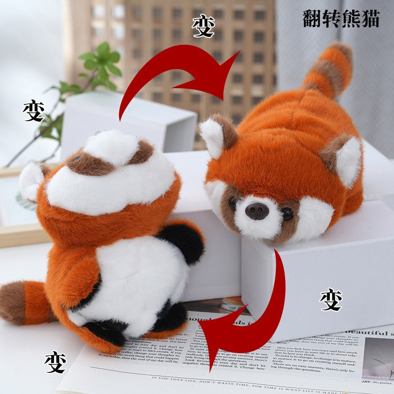 Flip transformation diagram, red panda to giant panda reversible plush