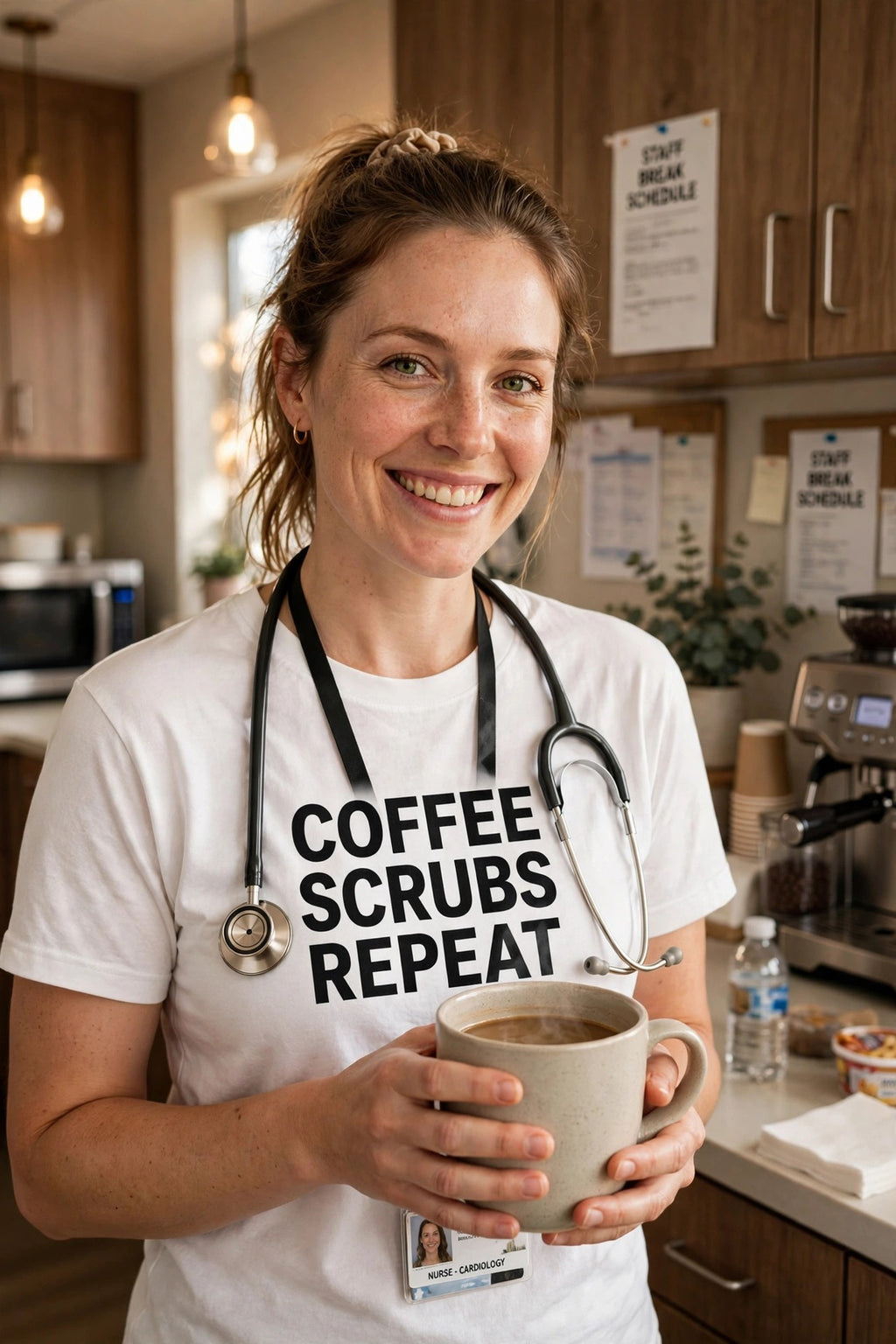 Coffee Scrubs Repeat shirt worn by nurse with coffee