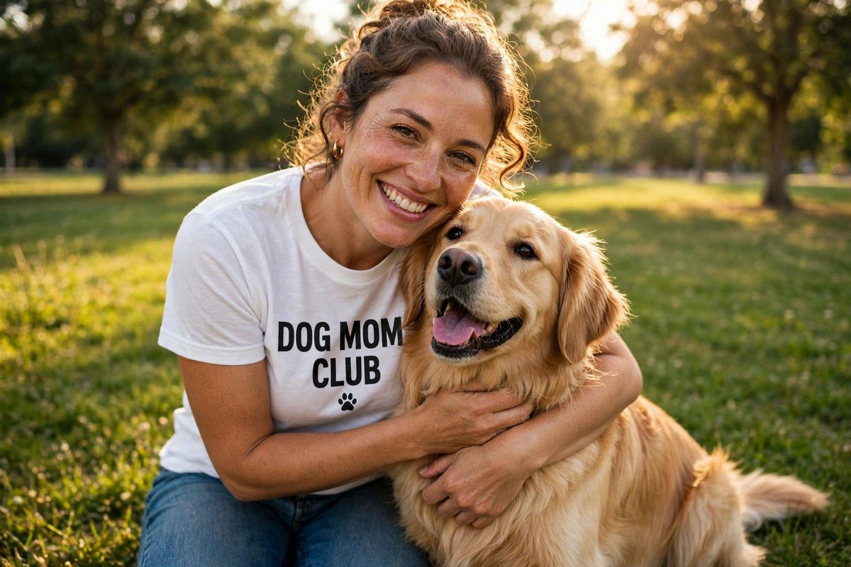 Dog Mom Club shirt worn walking dog in park