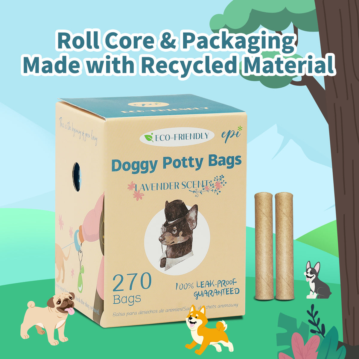 Packaging detail for 270 blue dog waste bags with cardboard roll cores