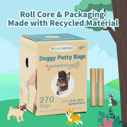 Packaging detail for 270 blue dog waste bags with cardboard roll cores