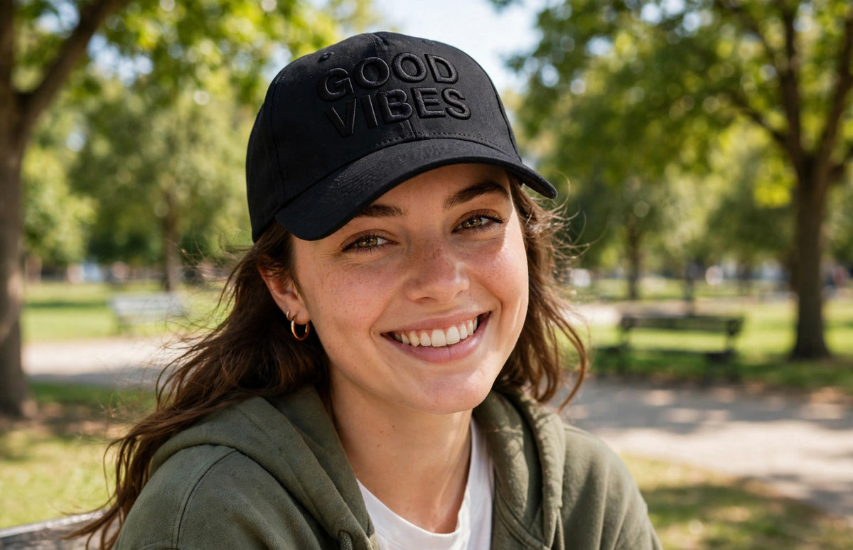 Good Vibes embroidered trucker hat worn lifestyle