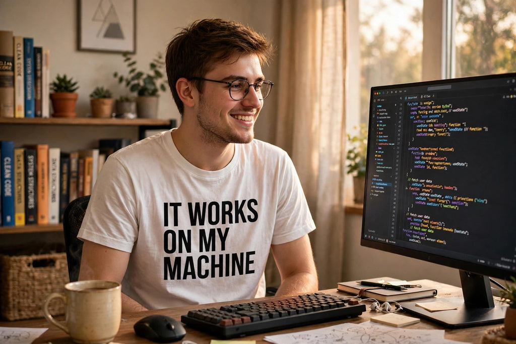 It Works On My Machine shirt worn by programmer at computer
