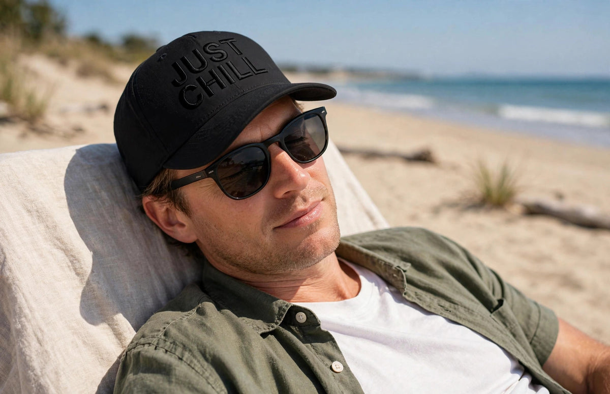 Just Chill embroidered trucker hat worn lifestyle