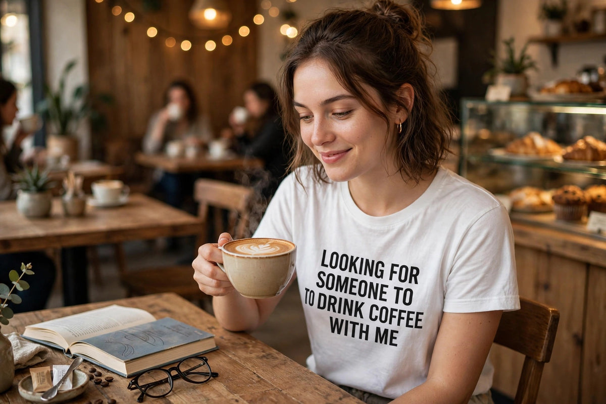 Looking For Coffee shirt worn at cafe with latte