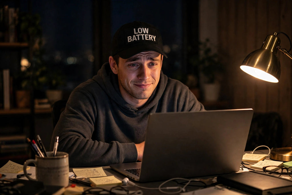 Low Battery embroidered trucker hat worn lifestyle