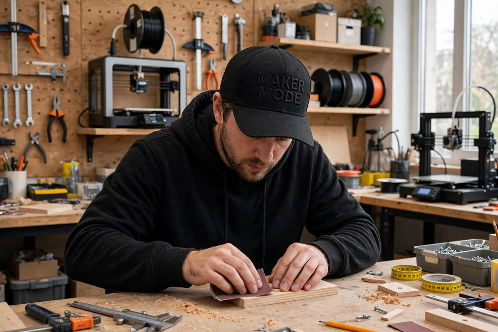 Maker Mode embroidered trucker hat worn lifestyle