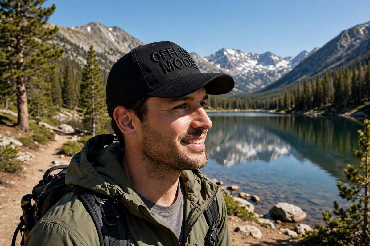 Offline Mode embroidered trucker hat worn lifestyle