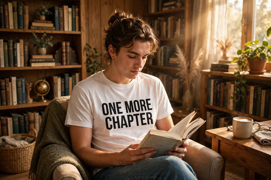 One More Chapter shirt worn reading in cozy study
