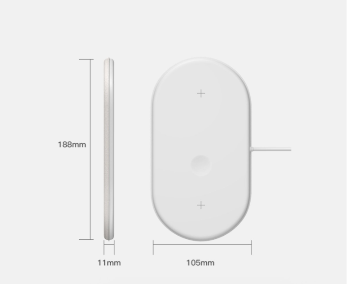 White wireless charging pad shown from the top and side with supplier dimension annotations