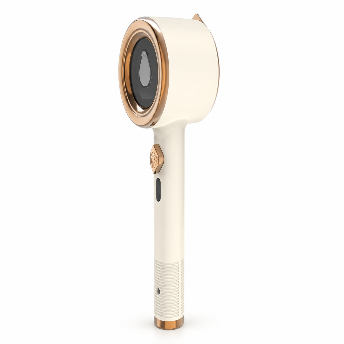 Beige mini handheld garment iron with champagne-colored trim; US plug option, cable not pictured