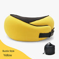 Bright yellow memory foam travel neck pillow with black buckle closure