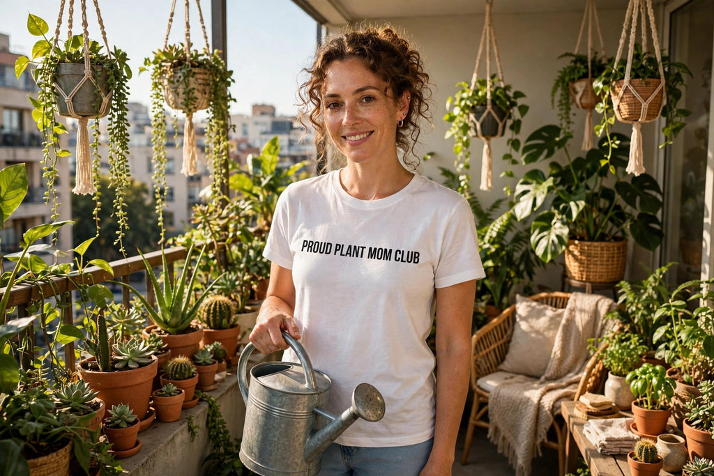 Proud Plant Mom shirt worn on sunny plant balcony