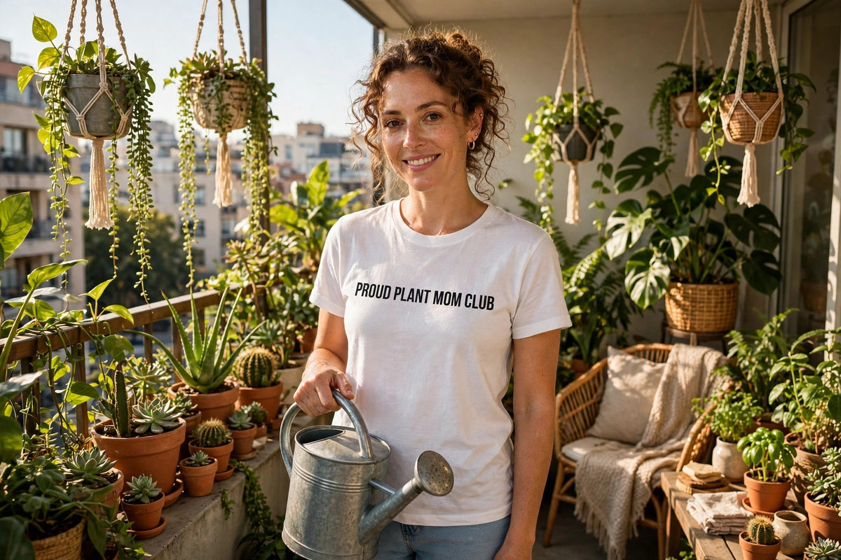 Proud Plant Mom shirt worn on sunny plant balcony