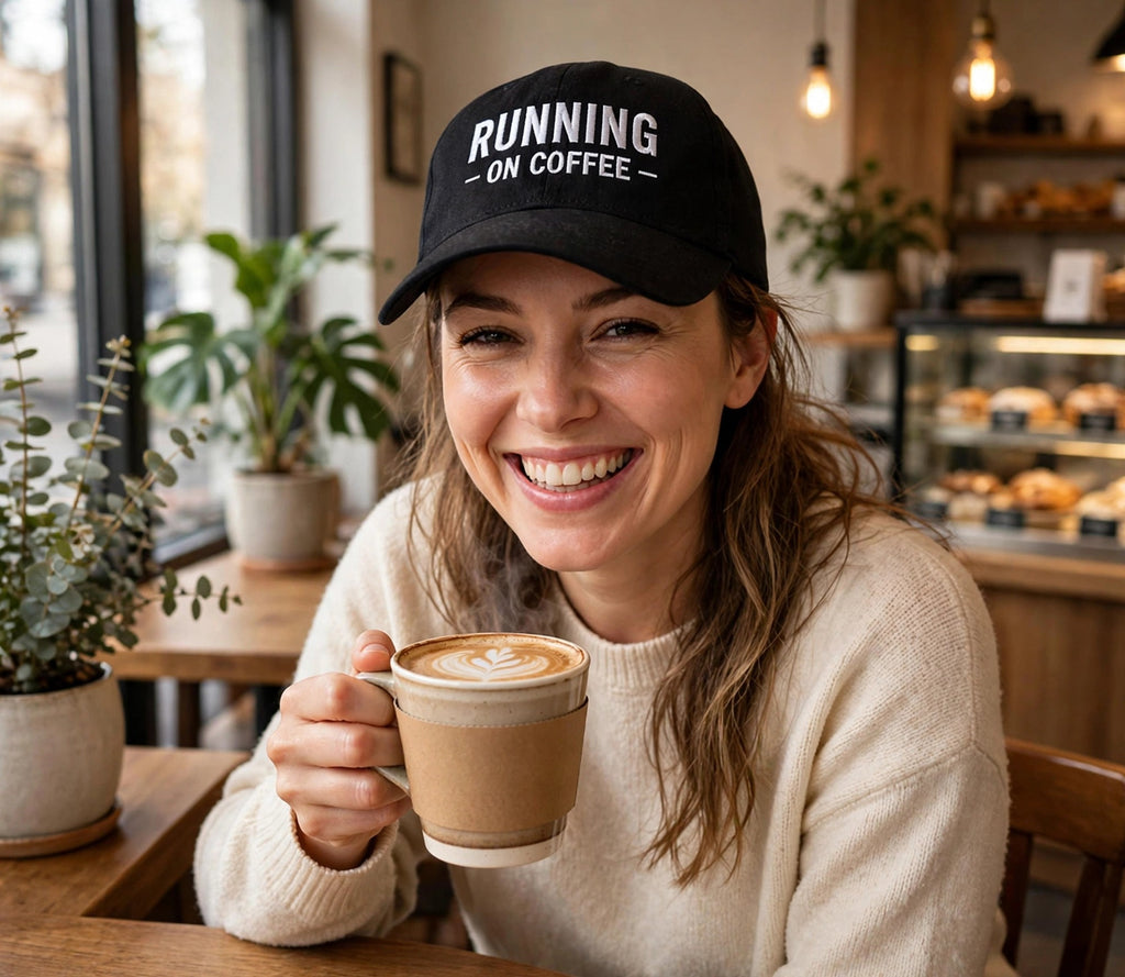 Running on Coffee embroidered trucker hat worn lifestyle