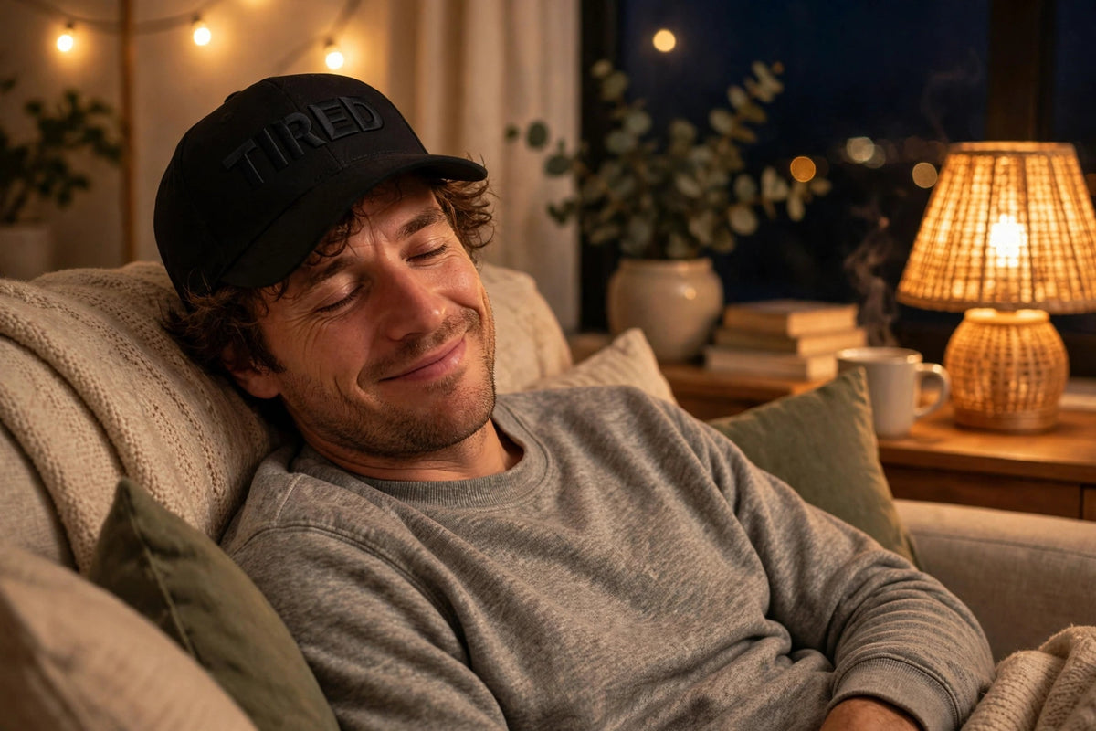 Tired embroidered trucker hat worn lifestyle